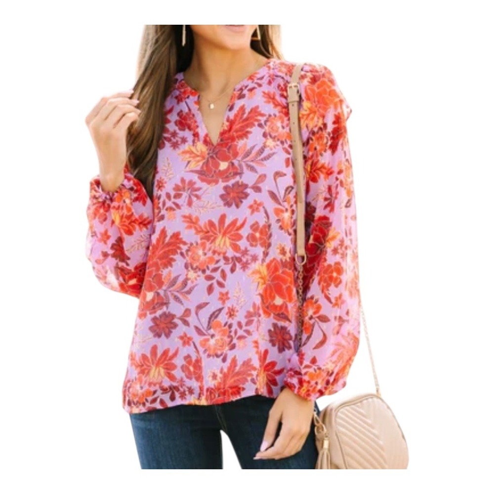 Skies Are Blue Walk On By Floral Blouse Lavender Top Boho Women Size Small New
